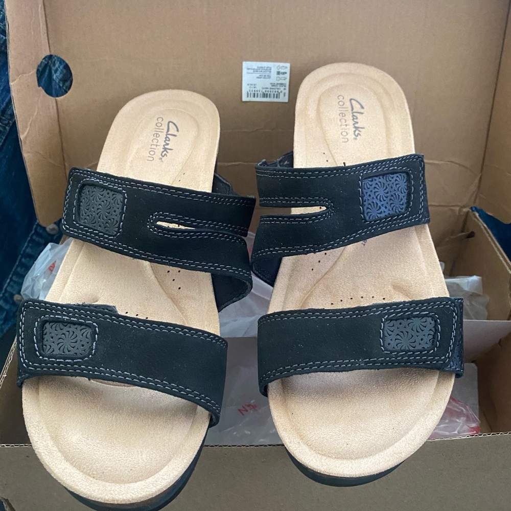 Clarks Black Leather  Slide Sandals